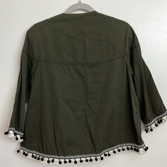 ZARA Olive Green Cotton Twill Jacket Pompom Boho Style Size S - Picture 4 of 4